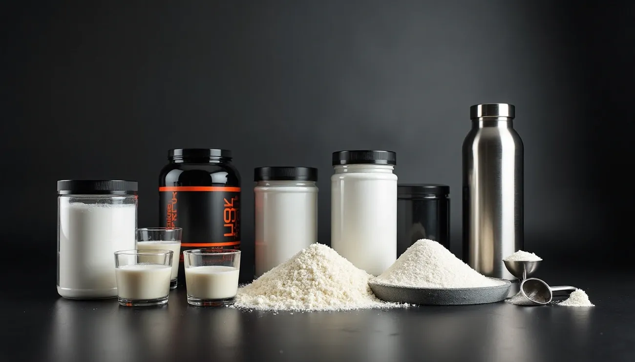 Various creatine powder containers, scoops, and mixed drinks displayed on a black surface with dark background.